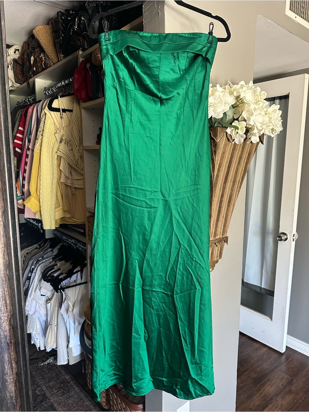 Strapless Satin Maxi Dress in Emerald Green